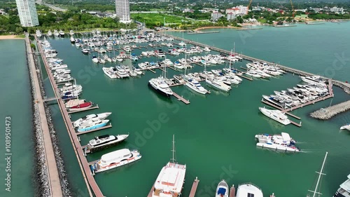 Top View Aerial Drone Footage: Flight Over Marina Bay with Yachts of Different Sizes, flying over boats at a marina, Aerial yacht Monte Carlo insurance business boat harbor