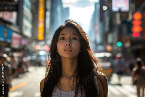 A woman standing on a busy city street, great for urban lifestyle or modern cityscape themes