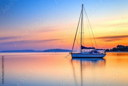 Breathtaking Sunset Over Calm Waters with a Sailboat: A Perfect Travel Destination for Nature Lovers