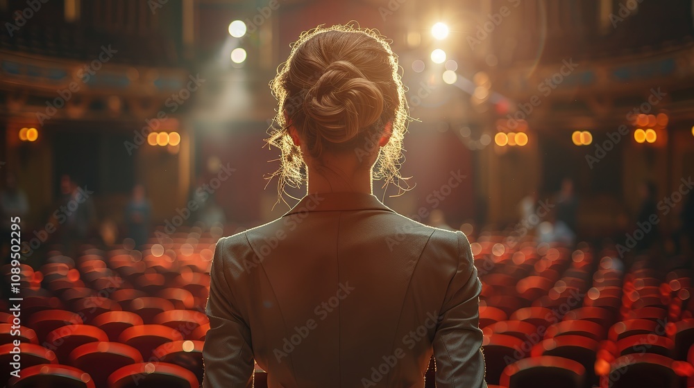 view of a woman standing with her back to the audience view of a woman standing with her back to the audience