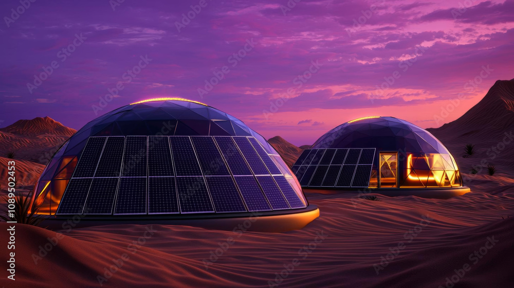 Futuristic solar farm. Futuristic solar domes in desert landscape at sunset, showcasing innovative architecture and sustainable energy solutions. vibrant colors create serene atmosphere Futuristic solar farm. Futuristic solar domes in desert landscape at sunset, showcasing innovative architecture and sustainable energy solutions. vibrant colors create serene atmosphere