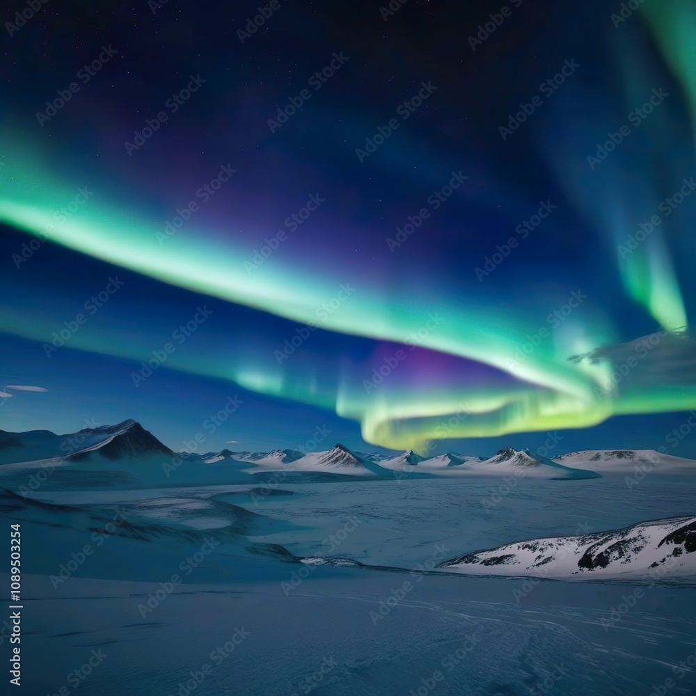 An enchanting aurora borealis lights up the night sky with green and purple hues over a snow-covered mountain range. An enchanting aurora borealis lights up the night sky with green and purple hues over a snow-covered mountain range.