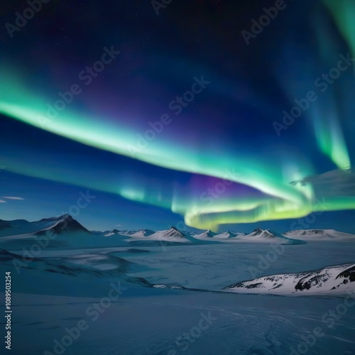 An enchanting aurora borealis lights up the night sky with green and purple hues over a snow-covered mountain range. 