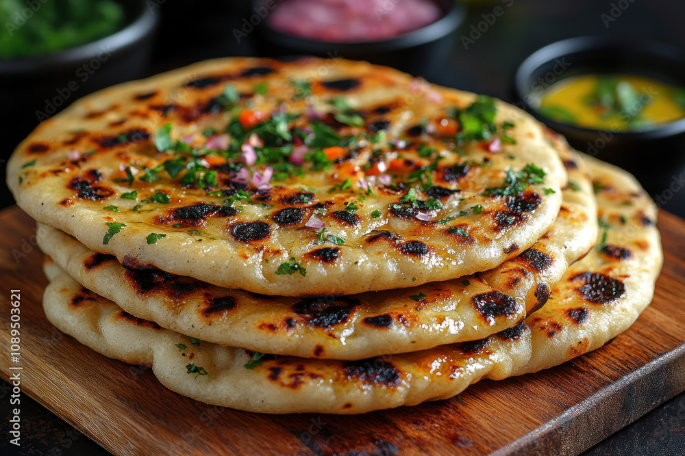 A delicious stack of grilled Indian flatbreads topped with fresh herbs and finely chopped onions. A delicious stack of grilled Indian flatbreads topped with fresh herbs and finely chopped onions.