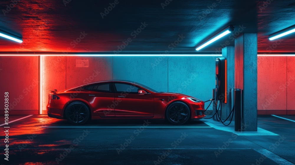 A sleek red electric vehicle charging in a modern, illuminated parking garage. A sleek red electric vehicle charging in a modern, illuminated parking garage.