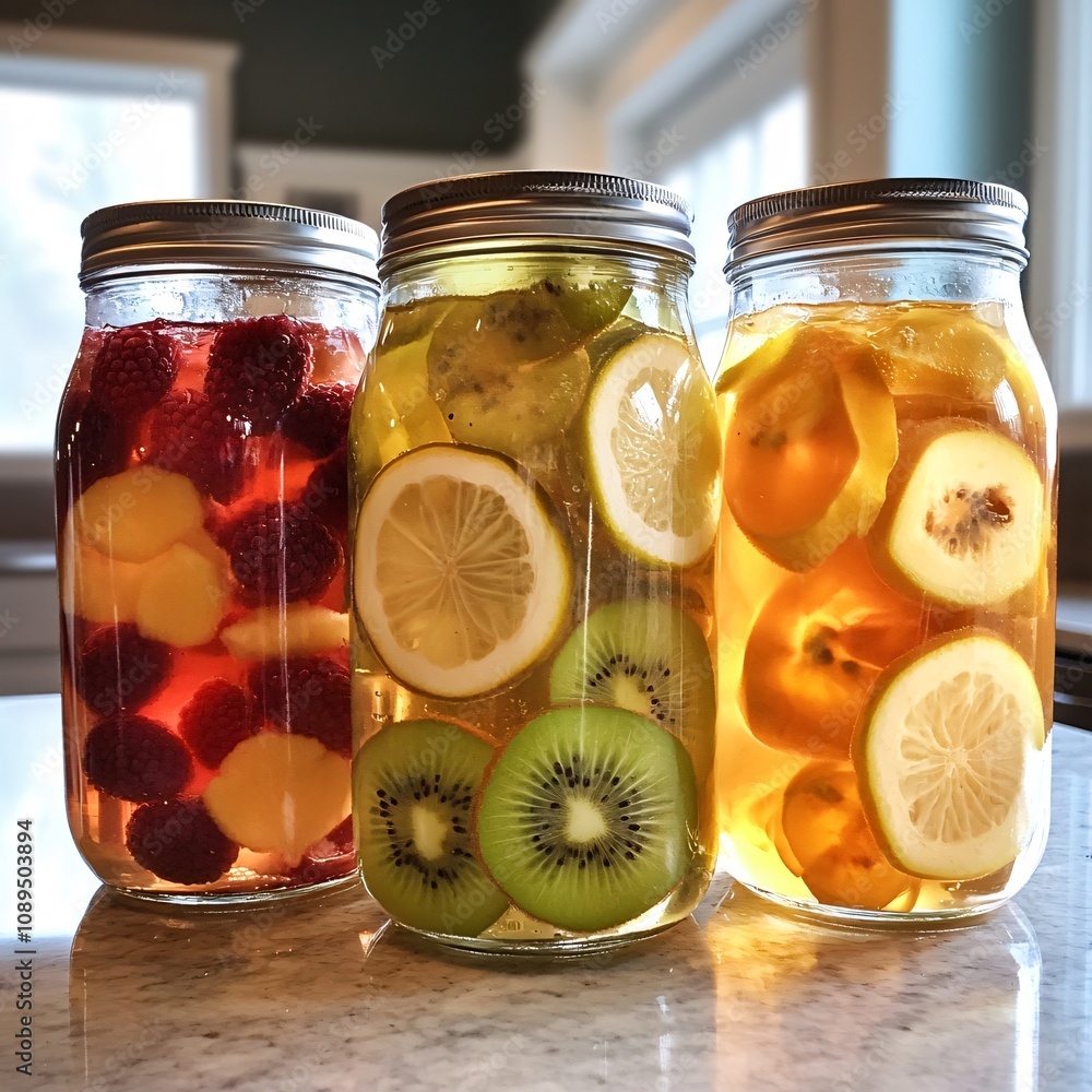 Fruit-Infused Kombucha in Mason Jars Fruit-Infused Kombucha in Mason Jars