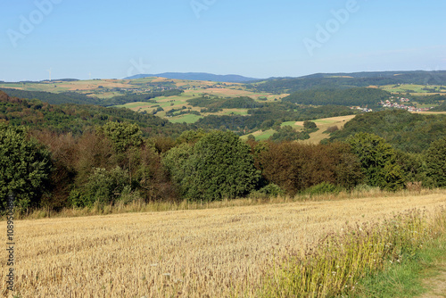 Aussicht ins Nordpfälzer Bergland in der Nähe des Ortes Eulenbis in der Verbandsgemeinde Weilerbach im Landkreis Kaiserslautern. Aussicht vom Premium-Wanderweg Teufelstour.  photo