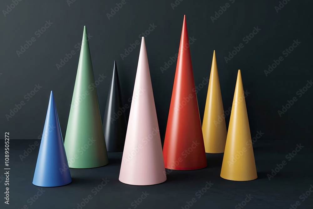 Vibrant 3D Geometric Cone Shapes on Dark Background in Modern Aesthetic Vibrant 3D Geometric Cone Shapes on Dark Background in Modern Aesthetic
