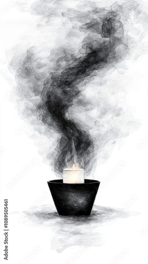 a black and white drawing of a candle in a bowl with smoke billowing out of it, set against a white background a black and white drawing of a candle in a bowl with smoke billowing out of it, set against a white background