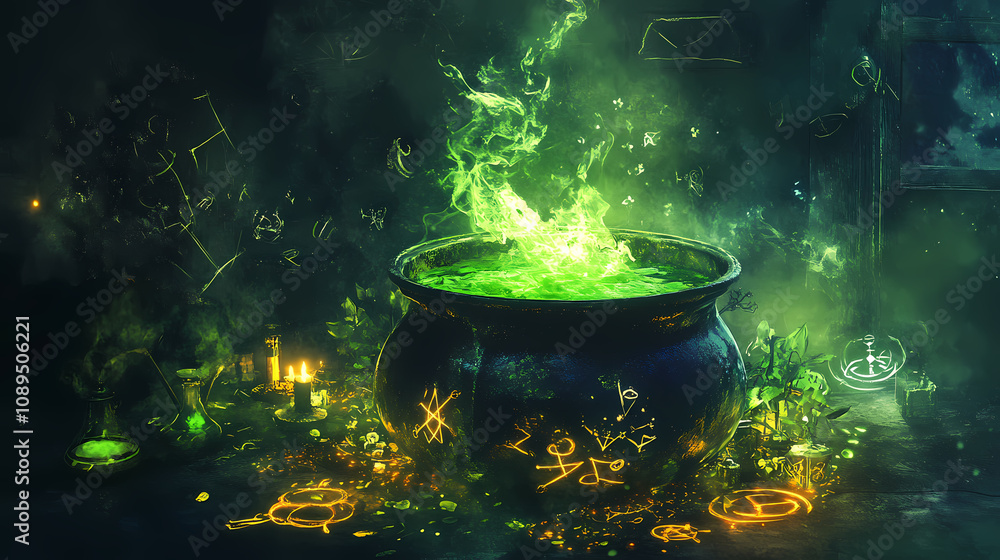 A mystical cauldron bubbling with green potion, surrounded by magical symbols and a witch's hat. Mystic Alchemy Symbols. Illustration A mystical cauldron bubbling with green potion, surrounded by magical symbols and a witch's hat. Mystic Alchemy Symbols. Illustration