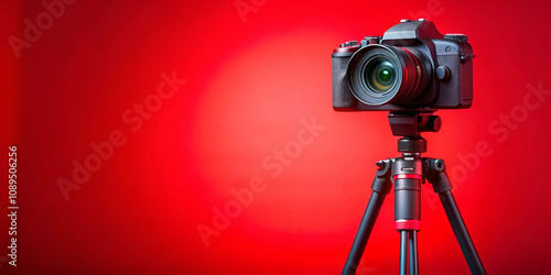Wallpaper Mural A professional camera on a tripod with a vibrant red background, showcasing photography equipment in a studio setting. Torontodigital.ca