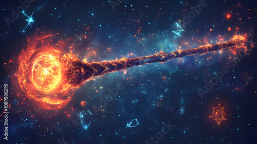 A wizard s staff glowing with magical energy. Mystic Alchemy Symbols. Illustration photo