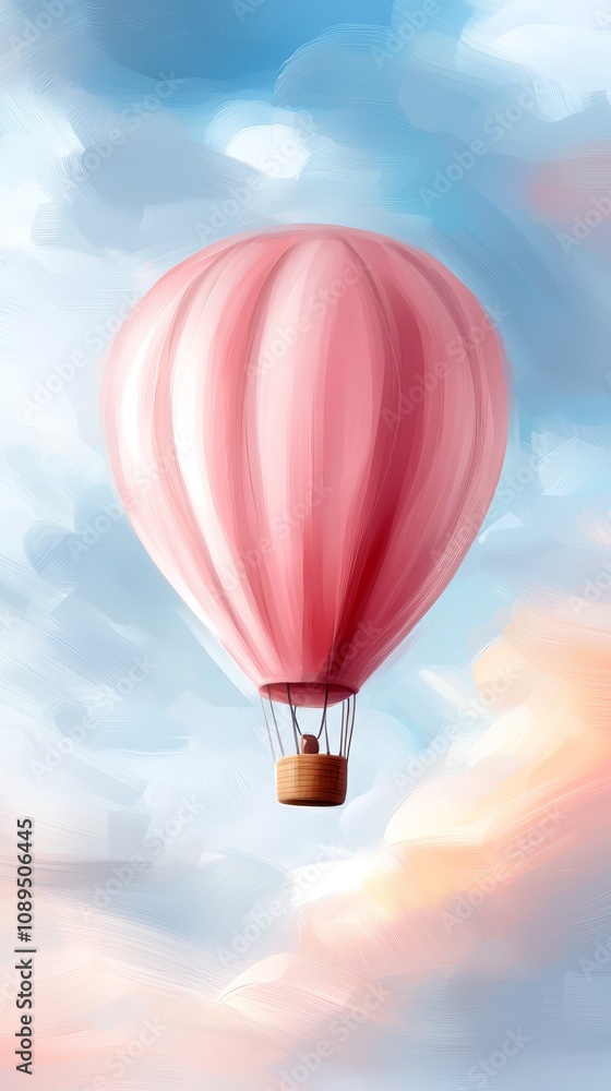 Obraz premium a pink hot air balloon floating in the sky, with a basket attached to it, against a backdrop of fluffy white clouds