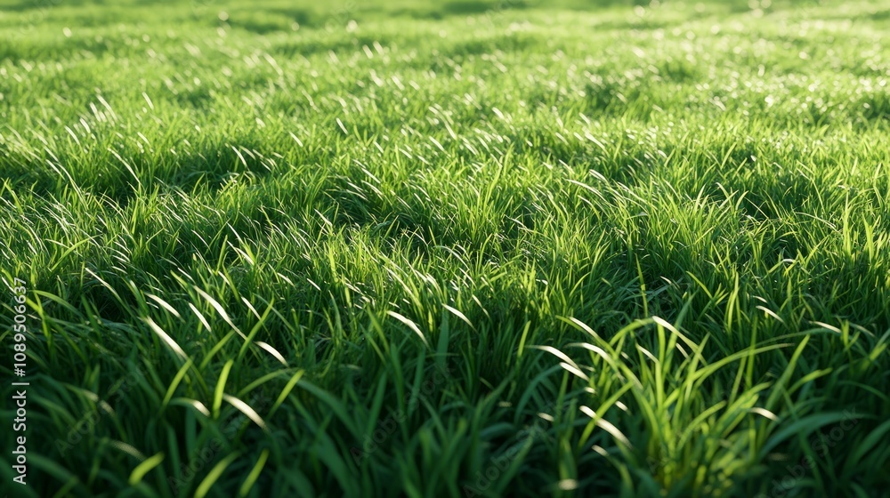 Lush green grass field with blades swaying in the breeze, bathed in warm sunlight. Lush green grass field with blades swaying in the breeze, bathed in warm sunlight.