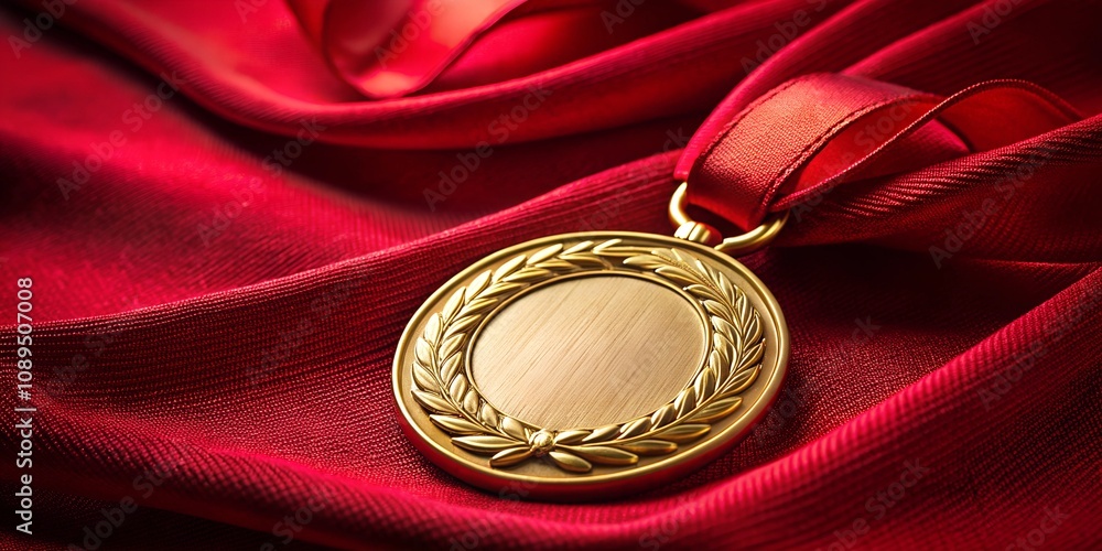 gold medal with red ribbon on red satin gold medal with red ribbon on red satin