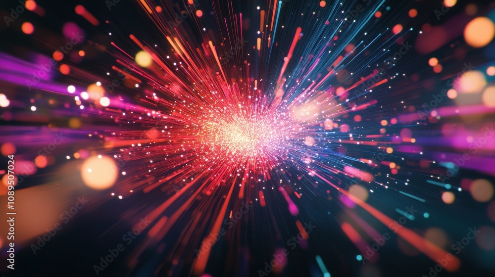 Naklejka premium Single burst of colorful fireworks, framed by empty black space for text placement.