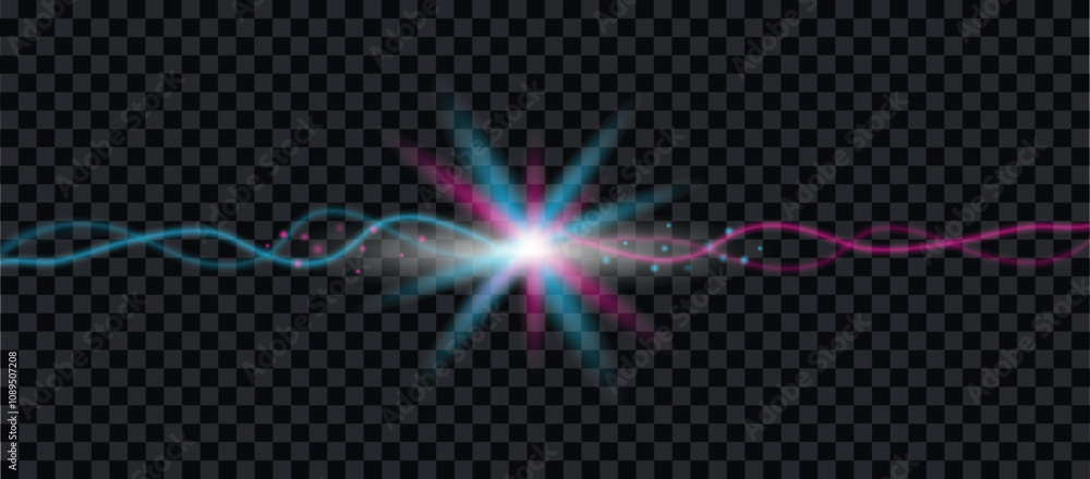 The effect of a bright flash of light on a transparent background with rays and glare. Pink-blue curved light line, rope, tape. Element for your design, advertising, postcards, invitations, screensa The effect of a bright flash of light on a transparent background with rays and glare. Pink-blue curved light line, rope, tape. Element for your design, advertising, postcards, invitations, screensa
