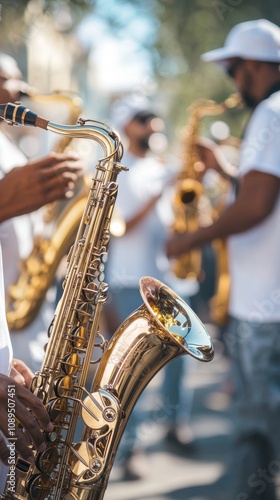 Musicians perform jazz in New Orleans while energetic crowds dance in the vibrant atmosphere photo