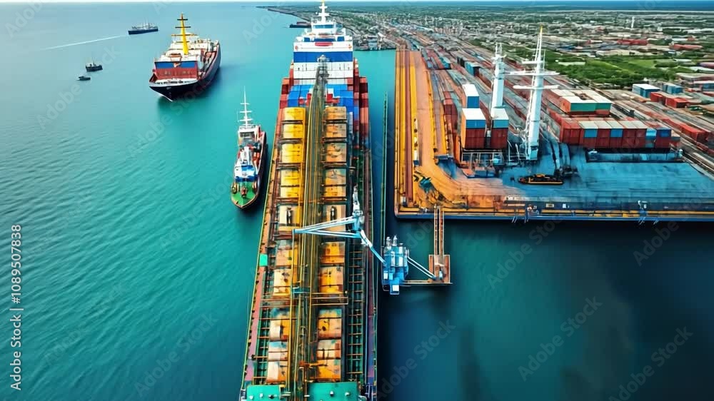 Aerial View of Busy Shipping Port: A vibrant aerial perspective showcases a bustling shipping port, with cargo ships of various sizes docked at the pier, cranes loading and unloading containers.