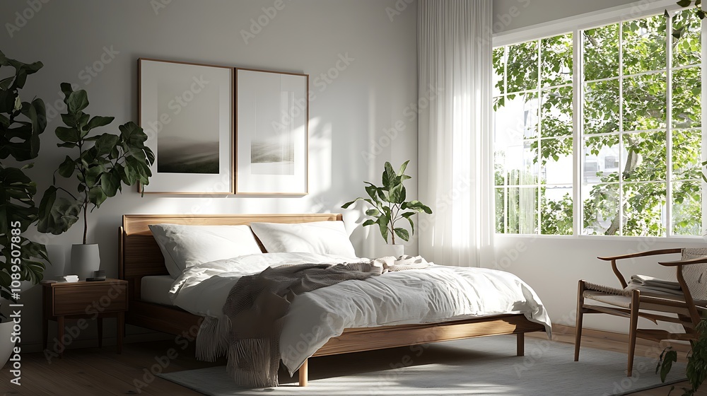 Fototapeta premium Elegant and Cozy Modern Bedroom Interior Design with Stylish Decor, mockup, poster and Background