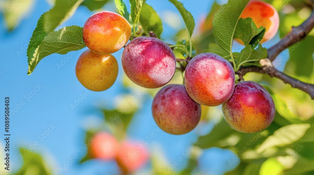 A branch of ripe plums ready for picking, with a bright summer sky in the background. A branch of ripe plums ready for picking, with a bright summer sky in the background.