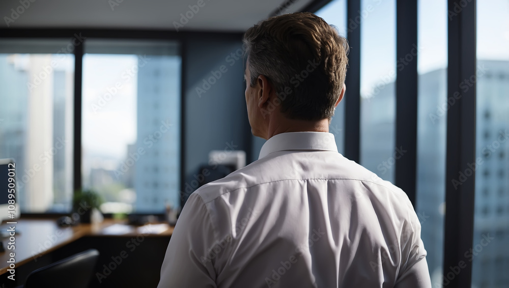 rear view of a CEO standing looking out the window in his office rear view of a CEO standing looking out the window in his office
