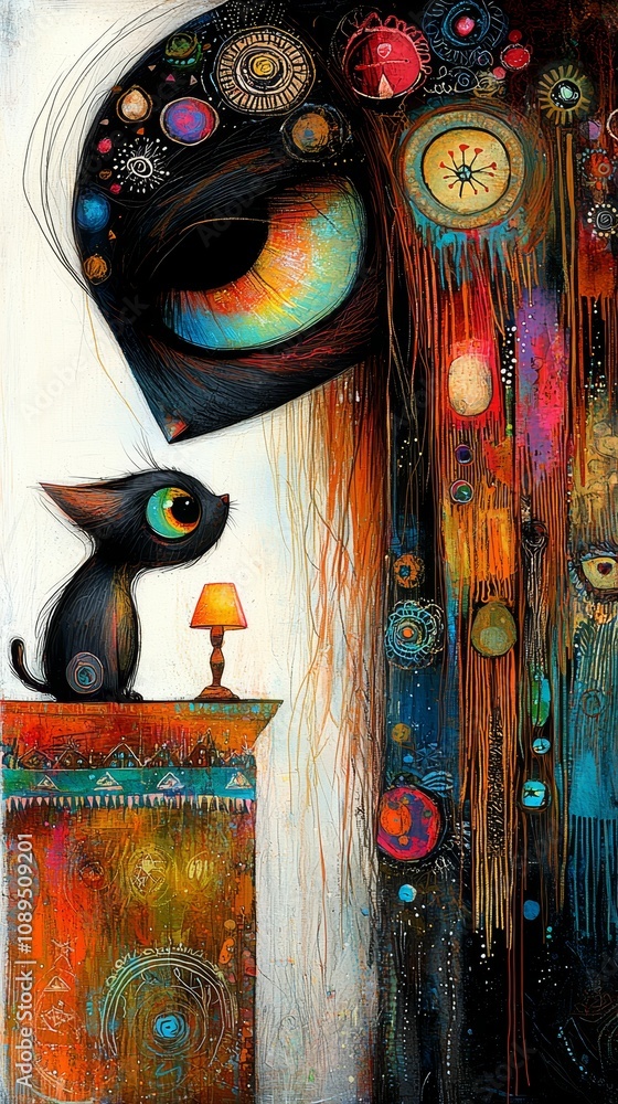 Obraz premium a painting of a black cat sitting atop a table, illuminated by a lamp The cat's eyes are wide open, giving the painting a whimsical and dreamy feel
