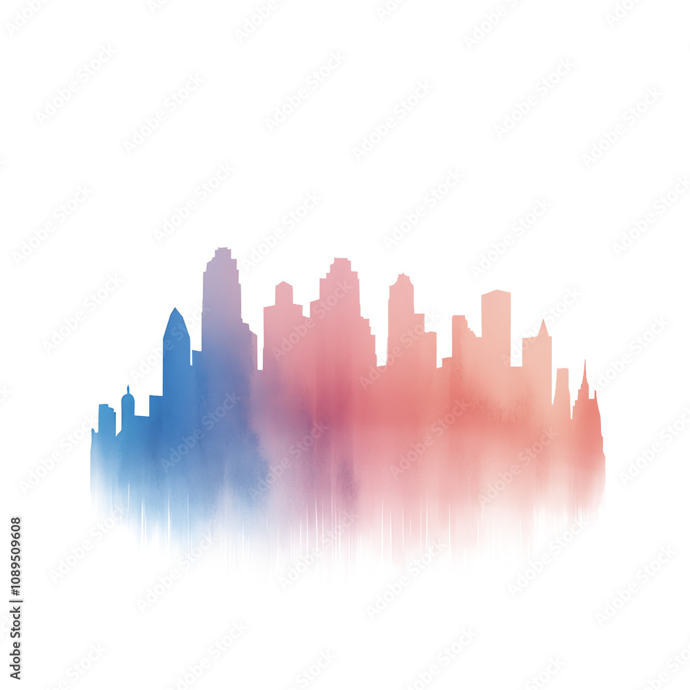 Obraz premium A vibrant watercolor skyline showcasing the silhouette of modern buildings, blending hues of blue and pink for a striking visual effect. transparent background