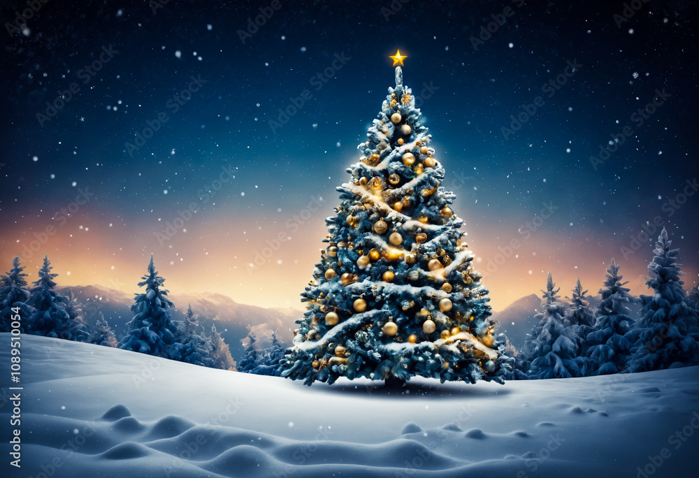 Decorated Christmas tree in the snow at night in the forest Decorated Christmas tree in the snow at night in the forest