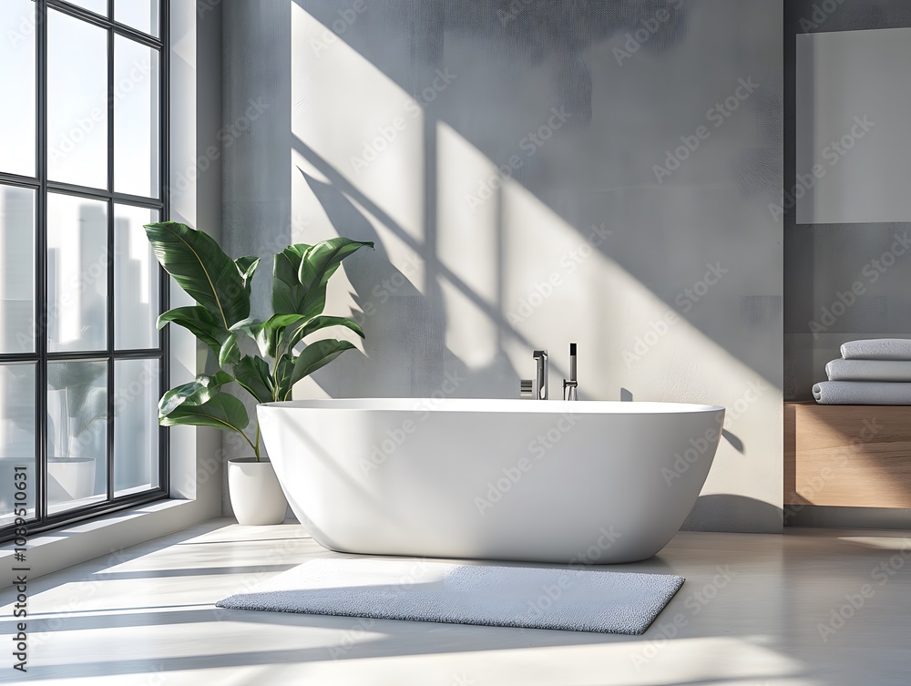 Fototapeta premium Elegant bathroom tub in luxury home with modern finishes, natural lighting, and serene spa ambiance