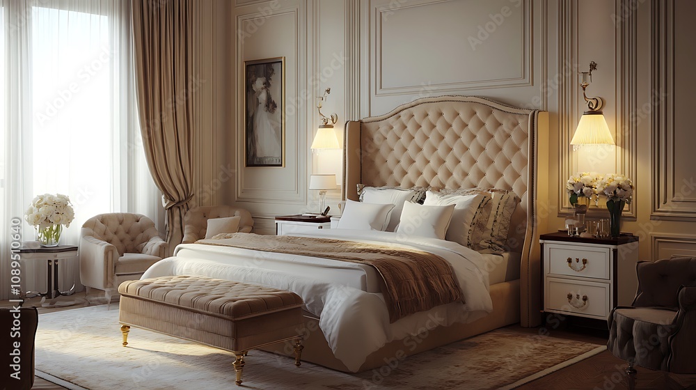 Elegant and Cozy Modern Bedroom Interior Design with Stylish Decor, mockup, poster and Background Elegant and Cozy Modern Bedroom Interior Design with Stylish Decor, mockup, poster and Background