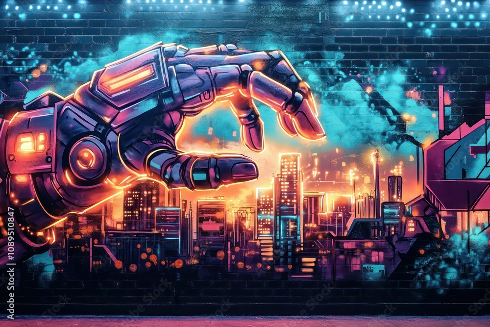 A graffiti mural of a robot hand gripping a glowing city skyline, with neon lights and mechanical details blending into the background. A graffiti mural of a robot hand gripping a glowing city skyline, with neon lights and mechanical details blending into the background.