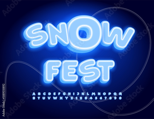 Vector glowing banner Snow Fest. Blue Winter Font. Neon 3D Alphabet Letters and Numbers set.