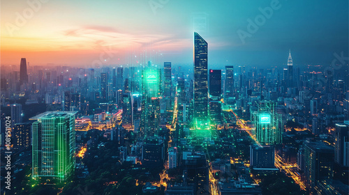 A vibrant futuristic cityscape glowing with holographic displays and sleek skyscrapers