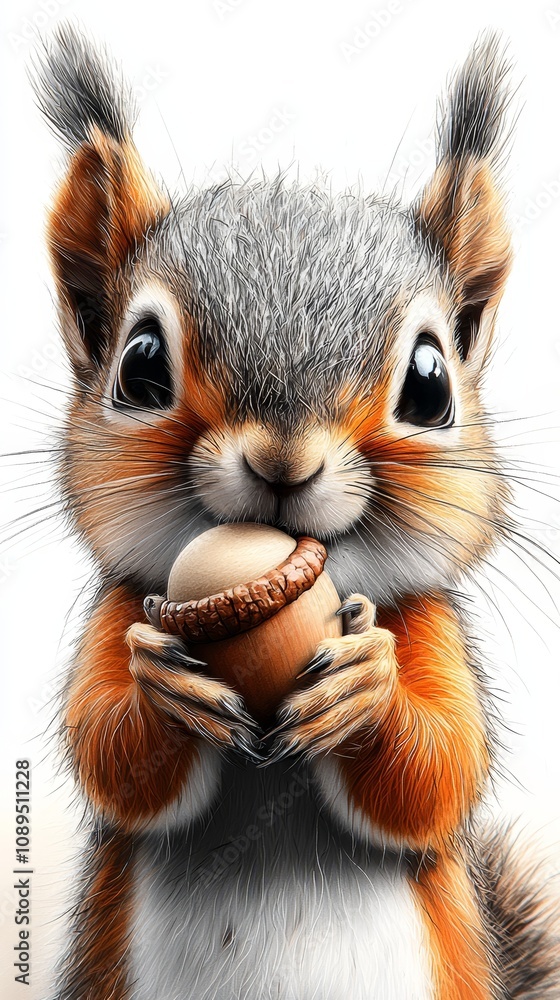 Obraz premium a cute squirrel holding an acorn in its paws against a white background The squirrel has a friendly expression on its face, and its fur is a light brown color Its