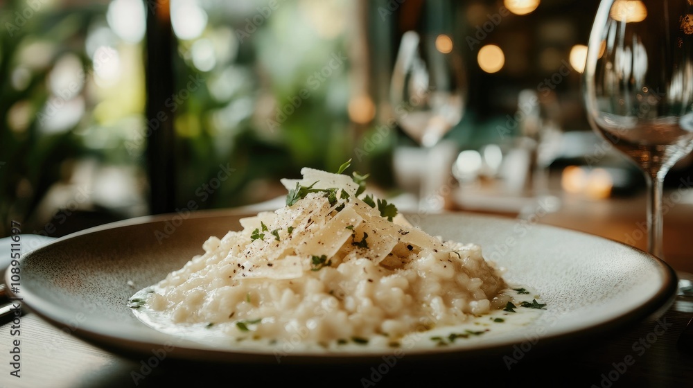Creamy Risotto Dish Topped with Fresh Parmesan Cheese Served in Elegant Restaurant Setting with Ambient Lighting and Lush Greenery in the Background Creamy Risotto Dish Topped with Fresh Parmesan Cheese Served in Elegant Restaurant Setting with Ambient Lighting and Lush Greenery in the Background
