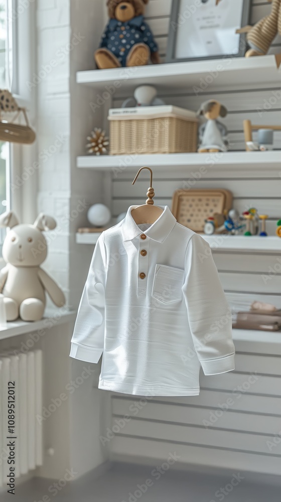 White shirt mockup on hanger in a cozy nursery with toys, showcasing simplicity and minimalist design White shirt mockup on hanger in a cozy nursery with toys, showcasing simplicity and minimalist design