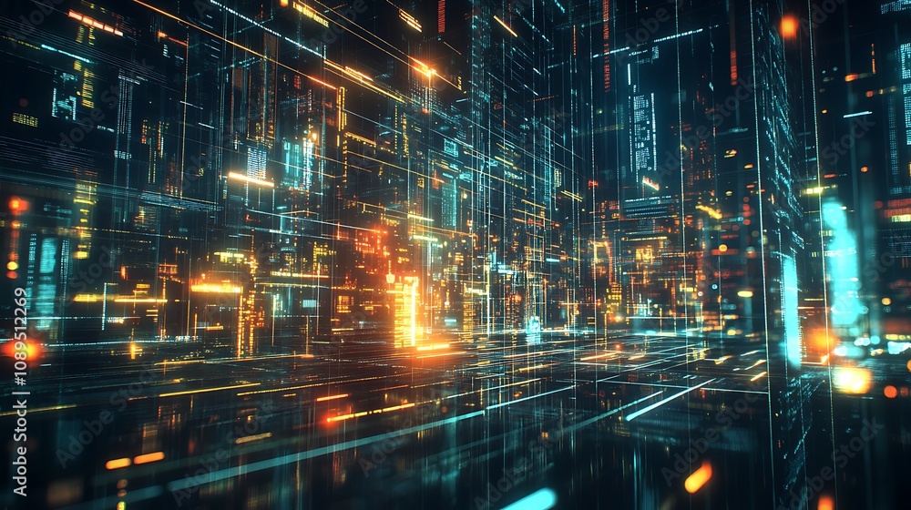 Abstract glowing tech business graphs overlaid on a corporate backdrop
