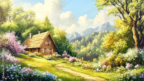 A serene landscape featuring a cozy cottage surrounded by vibrant flowers and mountains.