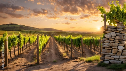 A rustic rock wall fence with wooden beams surrounding a vineyard, Ai Generated photo