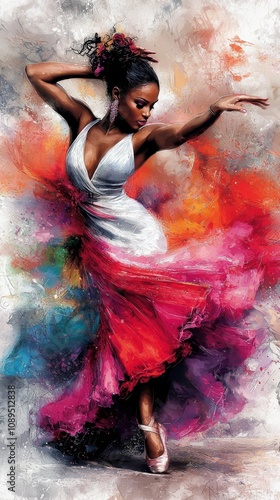  a painting of a woman in a white dress dancing flamenco, with vibrant colors and intricate details that bring the painting to life The woman is gracefully moving h