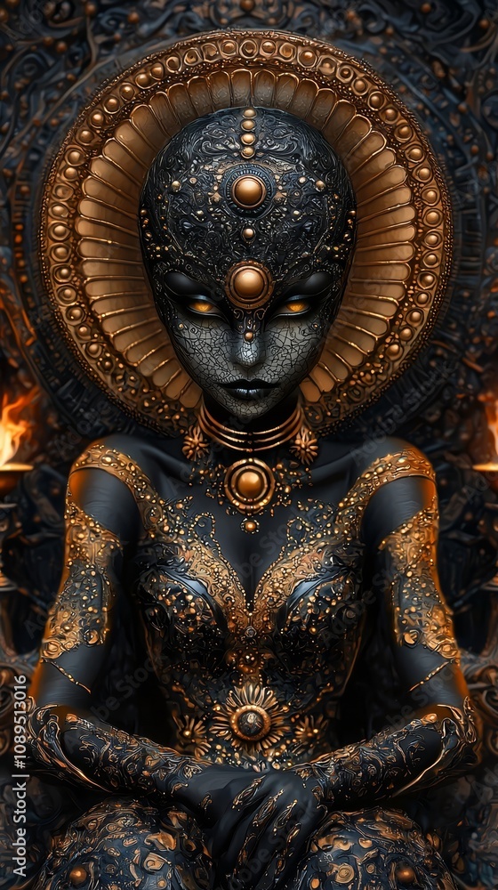 Fototapeta premium a woman in a black and gold dress sitting in front of a fire, with a design in the background She appears to be a goddess, with intricate details and a regal prese