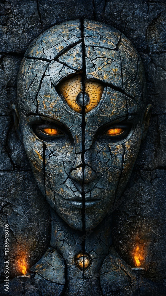 a digital art of a woman's face with yellow eyes in the middle of a cracked wall, surrounded by fire The face is animated, giving the image a dynamic and captivating feel a digital art of a woman's face with yellow eyes in the middle of a cracked wall, surrounded by fire The face is animated, giving the image a dynamic and captivating feel