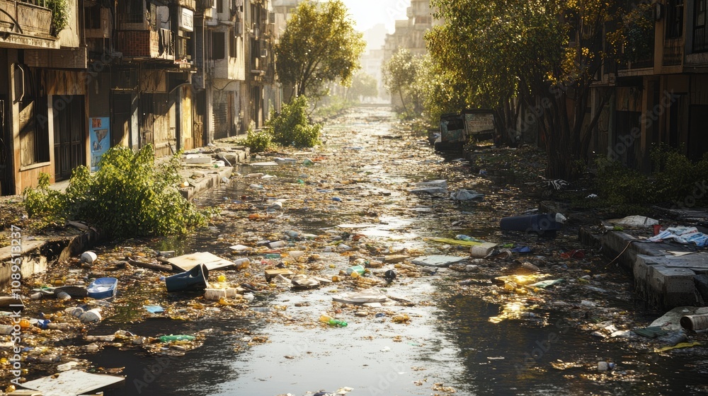Abandoned Urban Landscape with Polluted Water and Overgrown Vegetation in a Sunlit Cityscape Highlighting Environmental Neglect and Urban Decay Abandoned Urban Landscape with Polluted Water and Overgrown Vegetation in a Sunlit Cityscape Highlighting Environmental Neglect and Urban Decay