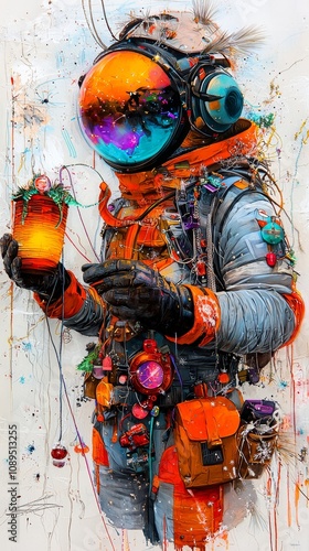  an astronaut in an orange space suit holding a potted plant, with a white background The astronaut is wearing a helmet and has a determined expression on their fac photo