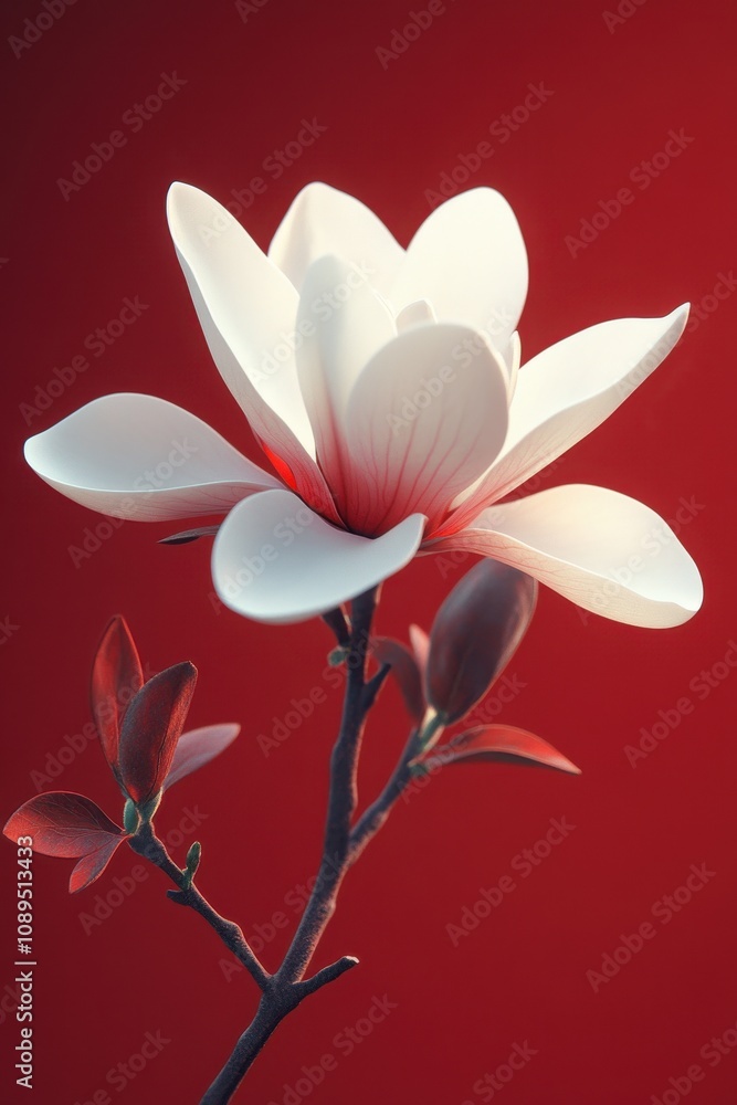 Naklejka premium Delicate Magnolia Blooms Against a Vibrant Crimson Background