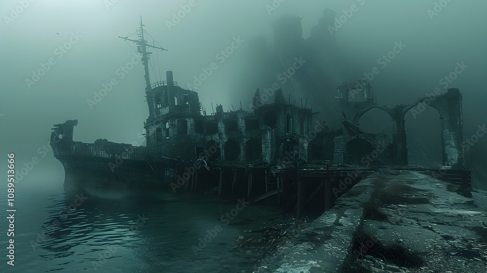 Haunting Ghost Ship Docked at Crumbling Pier on Secluded Island Haunting Ghost Ship Docked at Crumbling Pier on Secluded Island