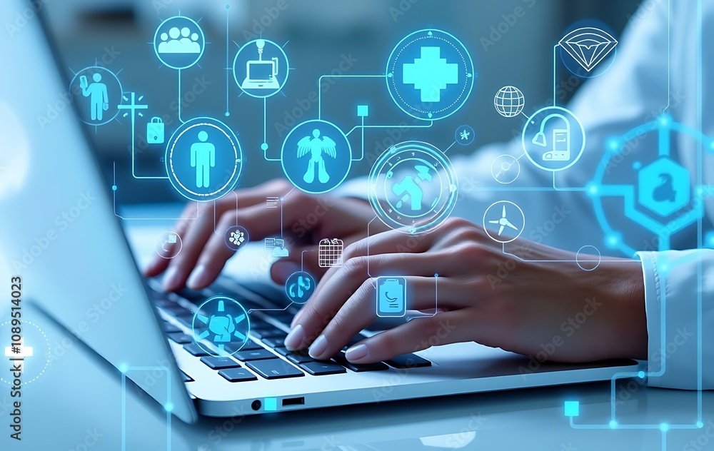Man typing on laptop, glowing medical icons with AI technologies
