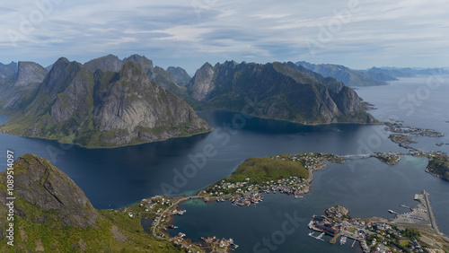 Reine from Reinebringen,view on stunning mountains of Lofoten islands, Norway