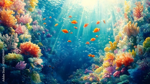 Underwater Paradise A School of Fish Swimming Through Sunbeams in a Coral Reef